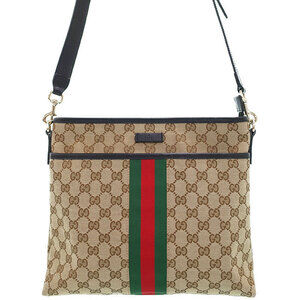 Gucci GG Monogram Brown Web Flat Messenger Bag red green web